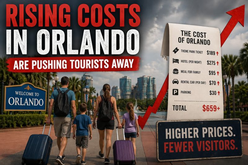 Family arriving in Orlando with luggage as travel costs rise, showing how higher prices may be slowing tourism and increasing vacancies.