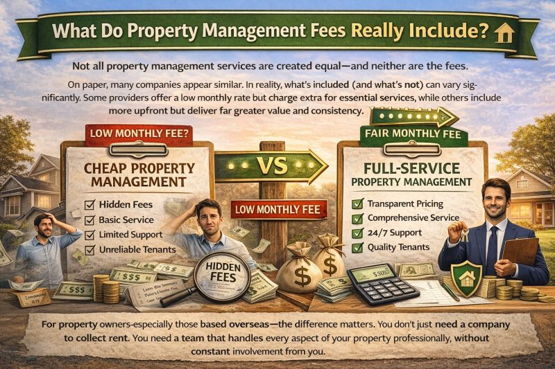Infographic comparing cheap property management with hidden fees versus full-service property management with transparent pricing and comprehensive services for rental property owners