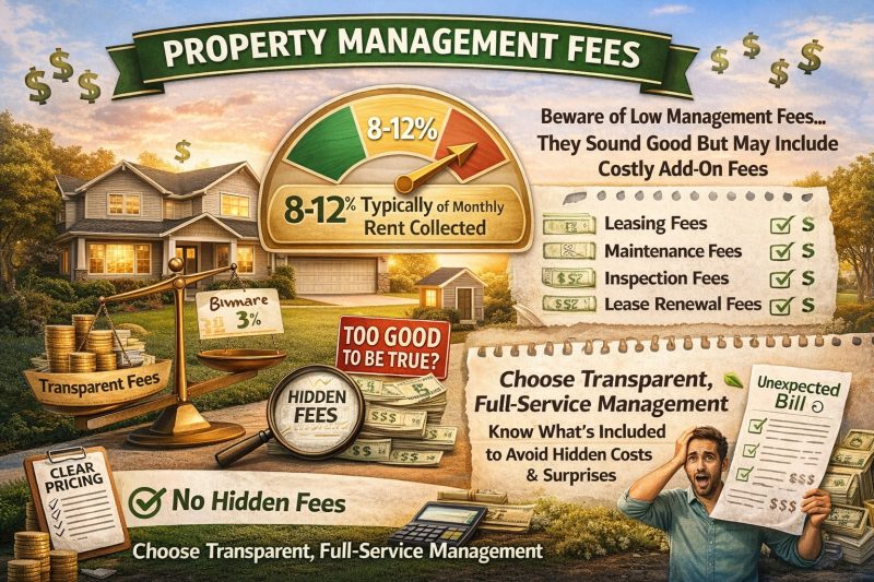 Infographic explaining typical residential property management fees, hidden add-on charges, and transparent full-service pricing for Kissimmee rental property owners.