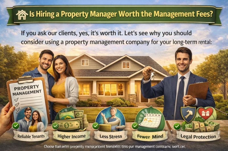 Infographic showing benefits of hiring a property manager including reliable tenants, higher rental income, less stress, fewer vacancies, and legal protection for long-term rental properties